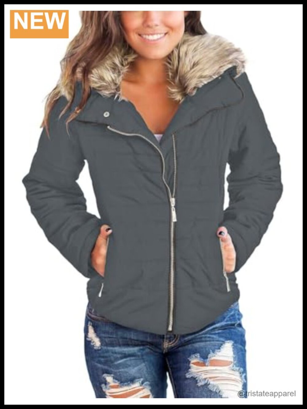 Vetinee Faux Fur Lapel Quilted Parka Puffer Coat Zip Pockets
